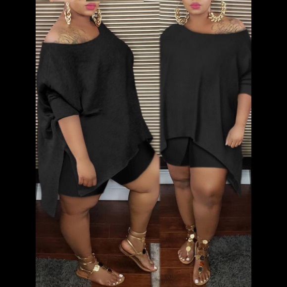 Casual Asymmetrical/Tunic Style Grey off a shoulder Top & Shorts Outfit - Picture 7 of 7